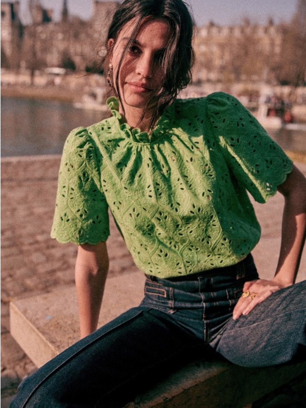 Sezane Louisah Blouse - Green Eyelet Ruffle